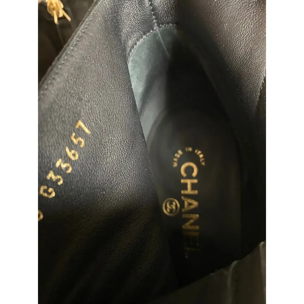 Chanel Black Suede‎ Ankle Boots Quilted Heel CC Gold Cap 39